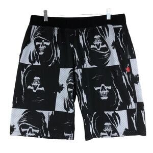 Asphalt Mens Size L Mesh Shorts Gym Style Grim Reaper Print Black White